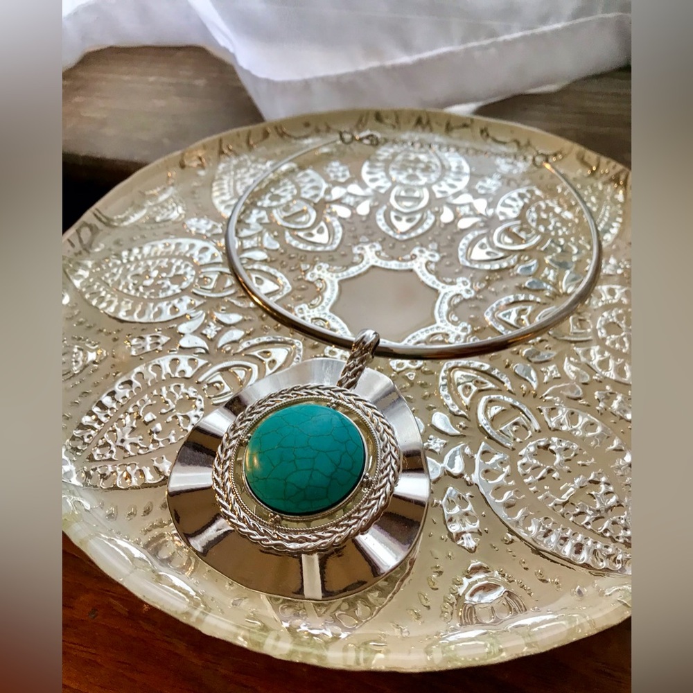 Big Oversized Necklace Tribal Blue Turquoise Color Stone Silver Costume Jewelry